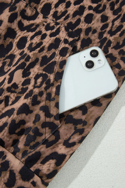 Brown Leopard Print Contrast Striped Detail Long Sleeve Top Pant Set