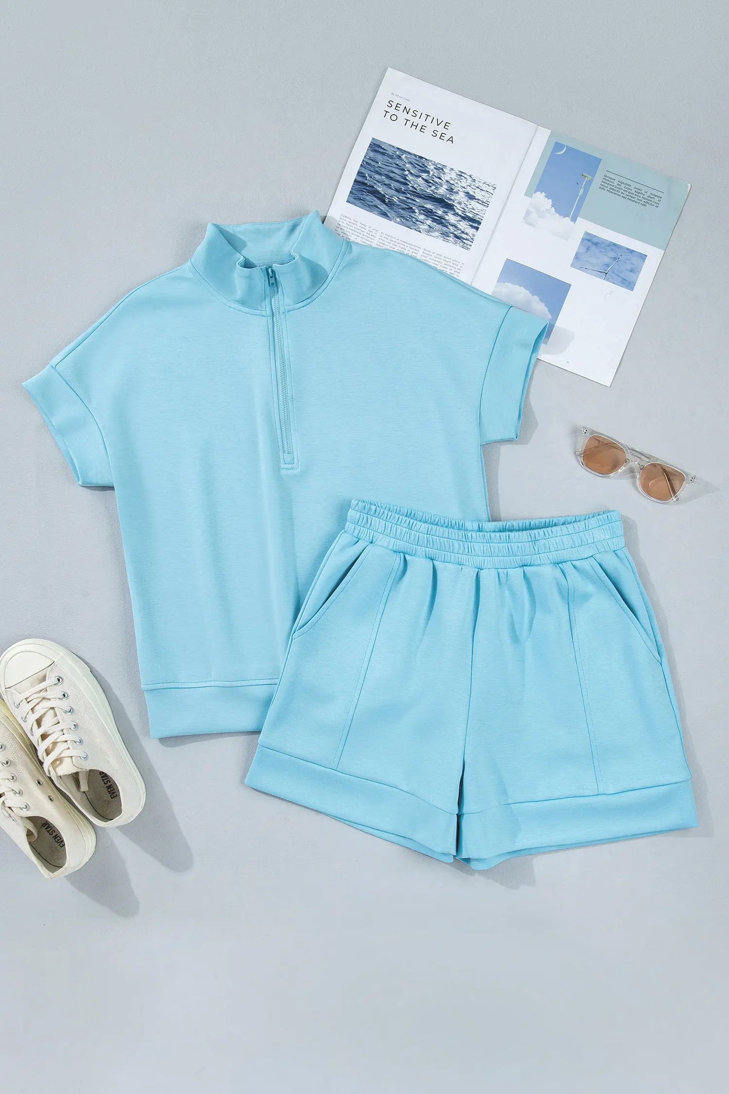 Myosotis Half Zip High Neck Tee Athleisure Short Set Nataliz