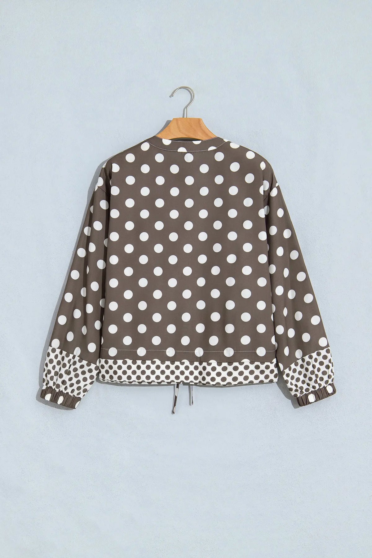 Brown Polka Dot Contrast Detail Zip-Up Long Sleeve Shacket