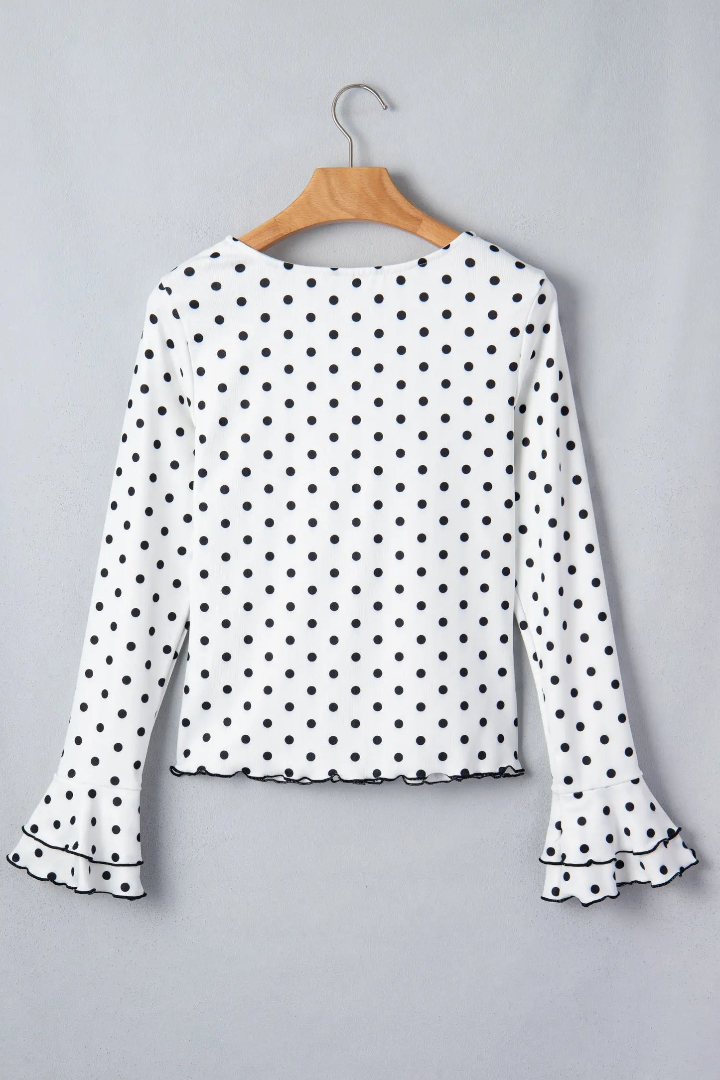 Black Polka Dot Print Lettuce Trim Long Sleeve Top