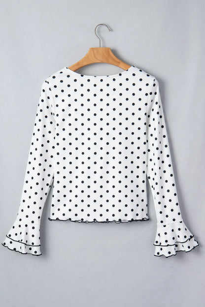 Black Polka Dot Print Lettuce Trim Long Sleeve Top