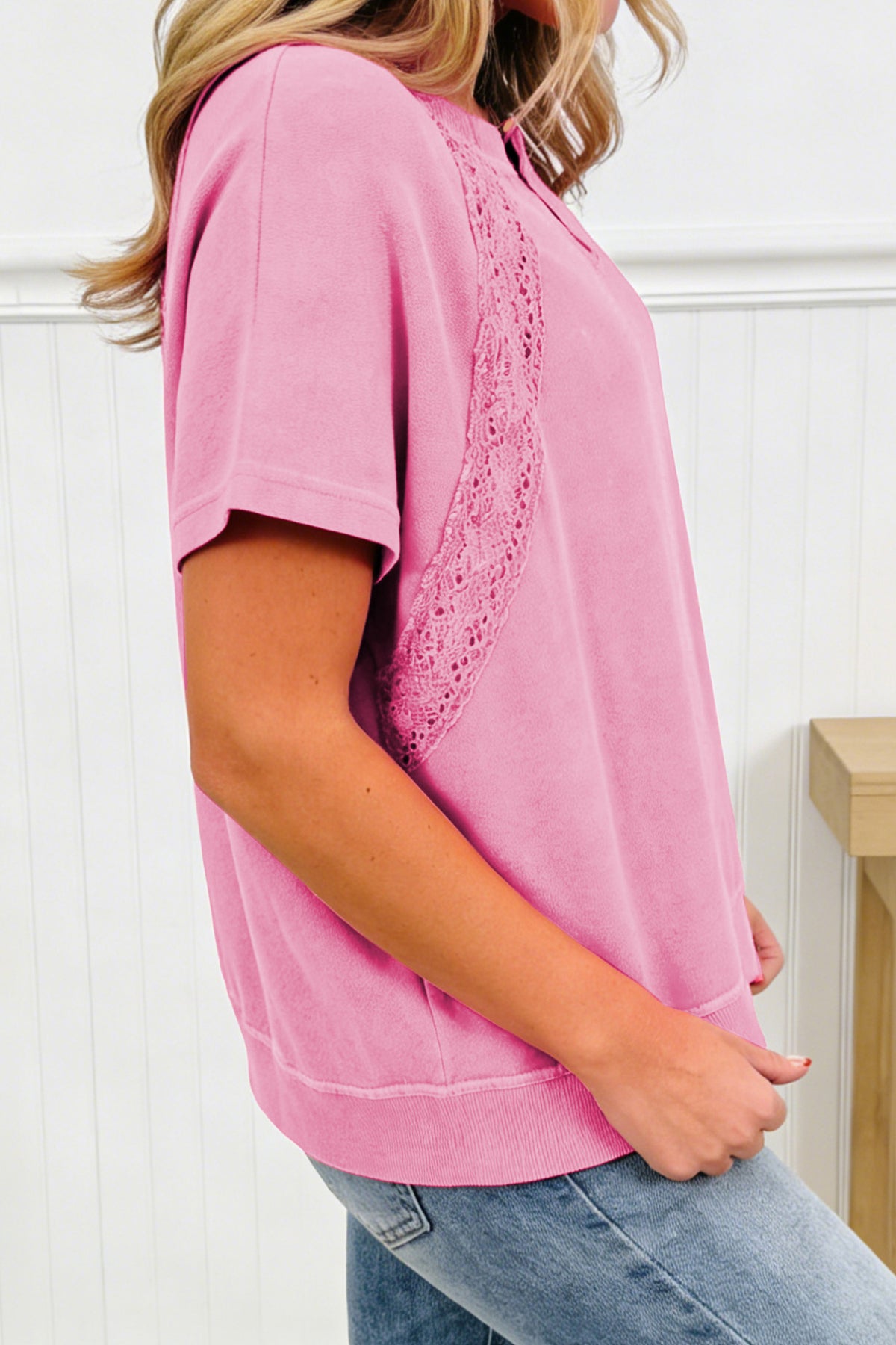 Cotton Raw Cut Notched Neck Lace Patchwork Detail Mineral Wash Tee