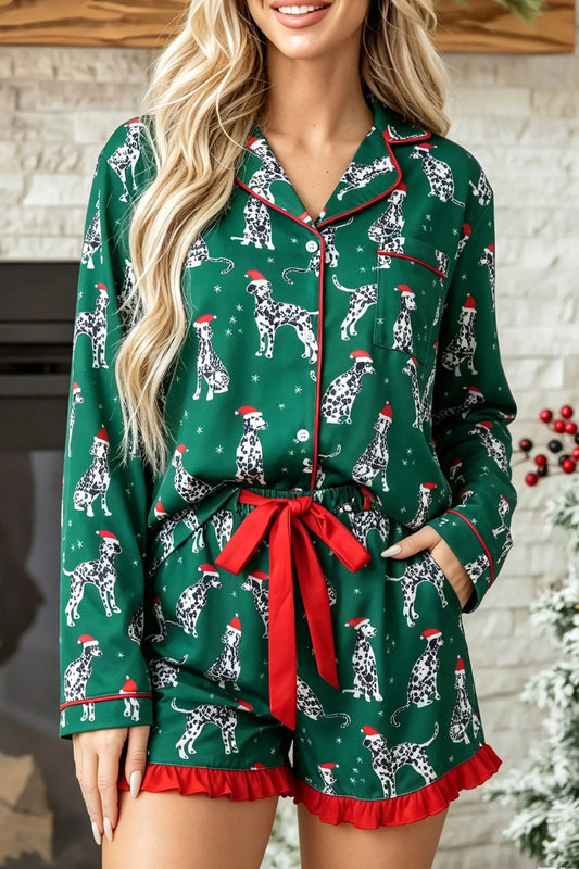 Green Long Sleeve Dog Print Two Piece Shift Lounge Set model front view · nz-alt-v1