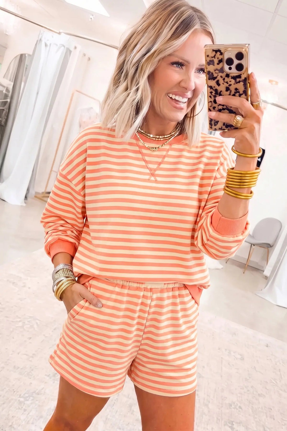 Grapefruit Orange Drop Shoulder Long Sleeve Pullover Elastic Waist Casual Short Set