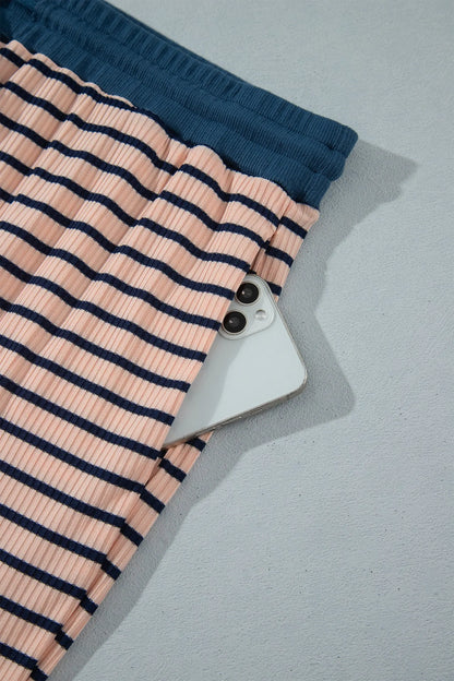 Pink Stripe Striped Colorblock V Neck Long Sleeve Plus Size Set