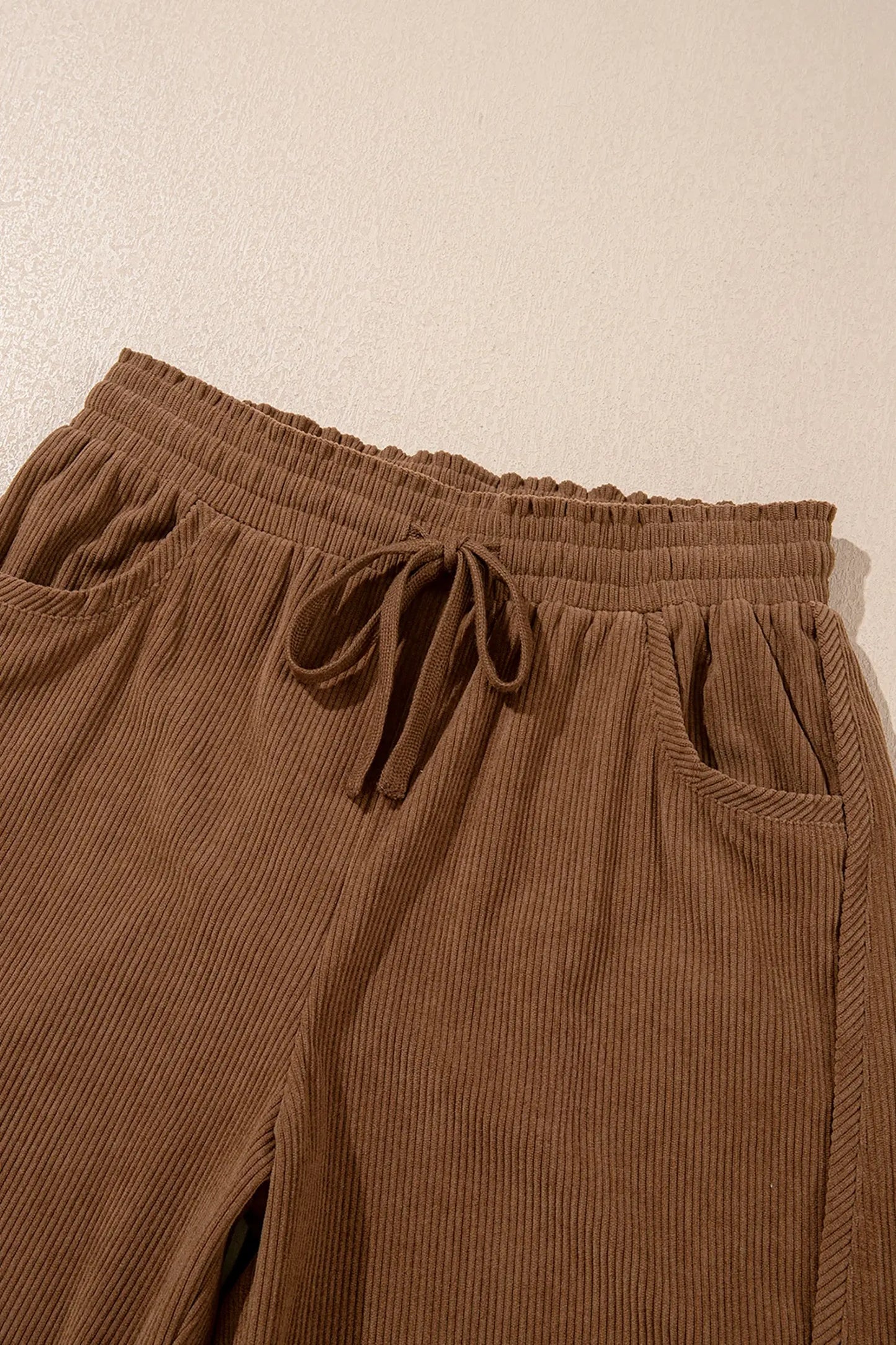 Coffee Corduroy Elastic Waist Drawstring Cargo Pants