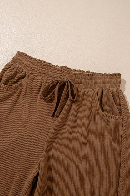 Coffee Corduroy Elastic Waist Drawstring Cargo Pants