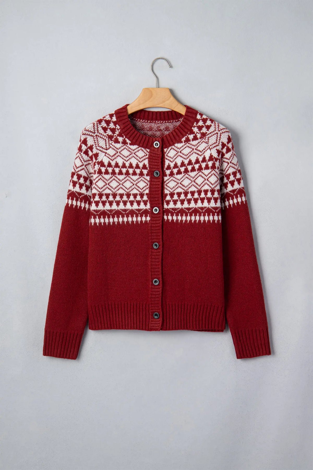 Red Geometric Print Button Front Long Sleeve Knitwear Cardigan