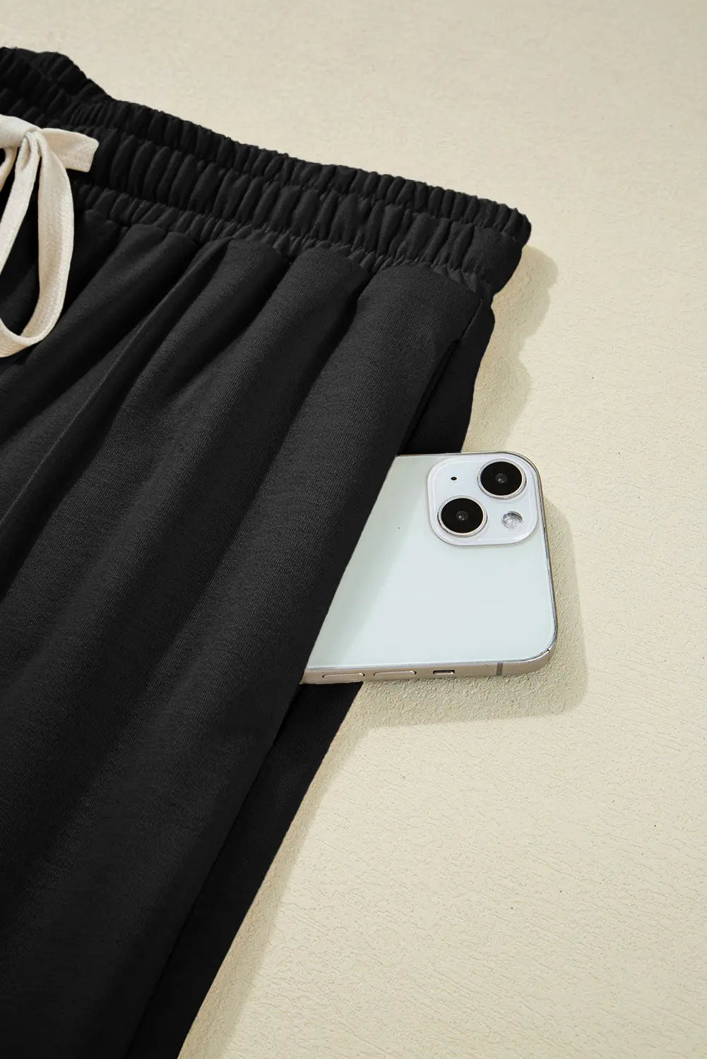 Black Solid Color Drawstring Elastic Waist Cargo Patch Pocket Active Pants