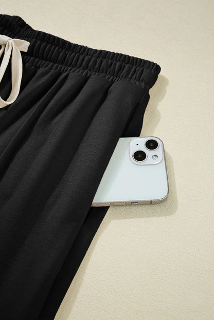 Black Solid Color Drawstring Elastic Waist Cargo Patch Pocket Active Pants