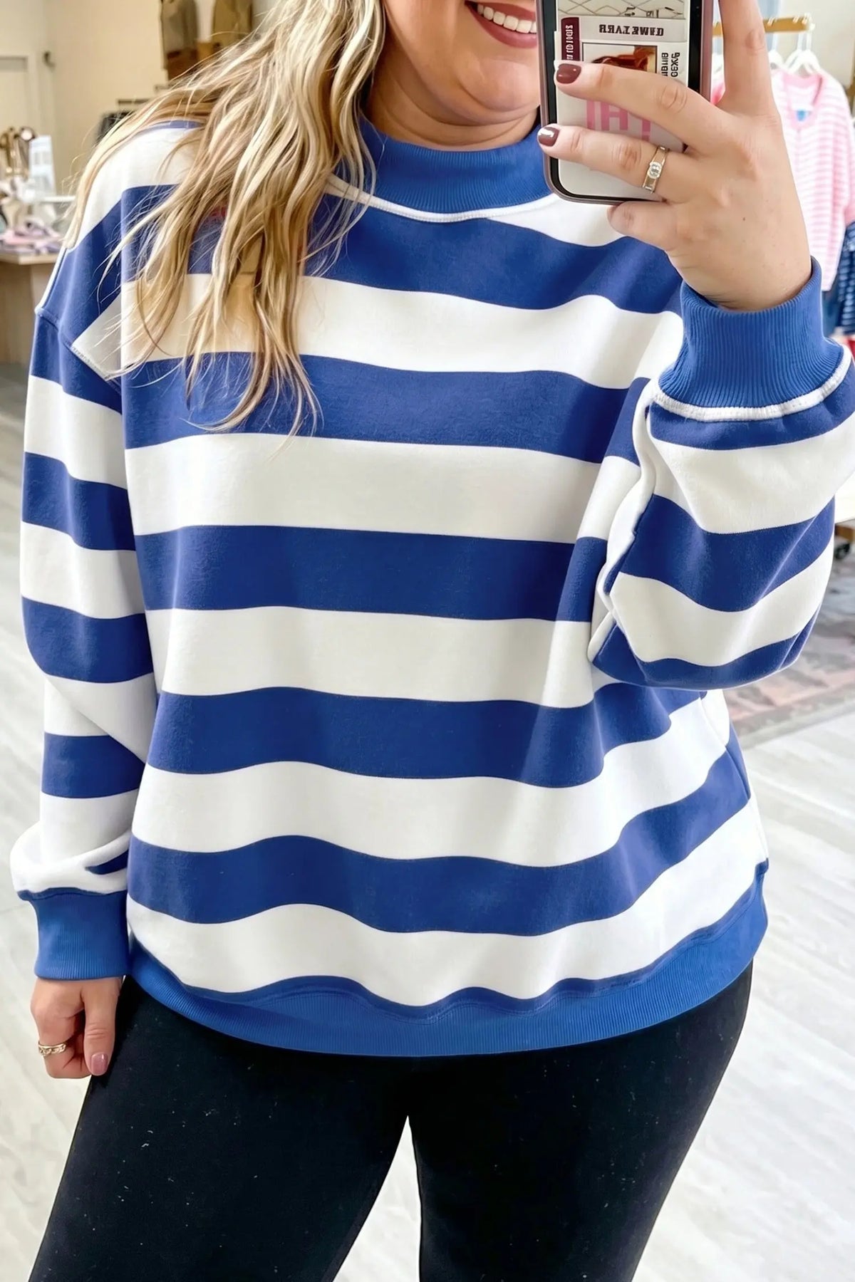 Blue Stripe Ribbed Trim Stand Neck Dropped Shoulder Plus Size Sweatshirt