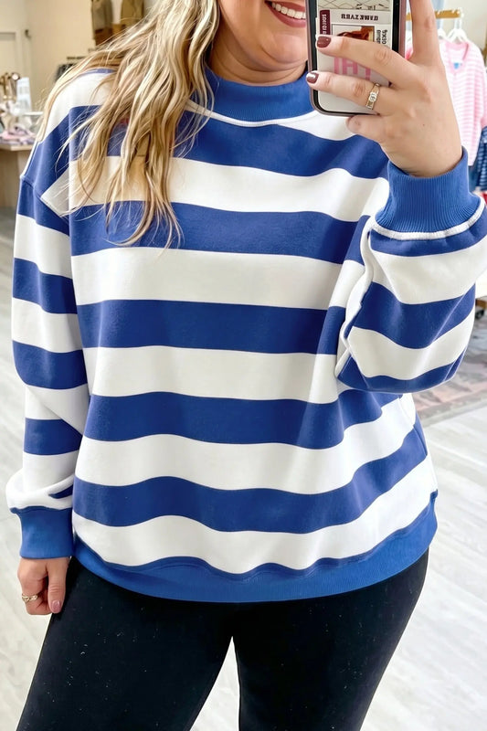 Blue Stripe Ribbed Trim Stand Neck Dropped Shoulder Plus Size Sweatshirt model front view · nz-alt-v1