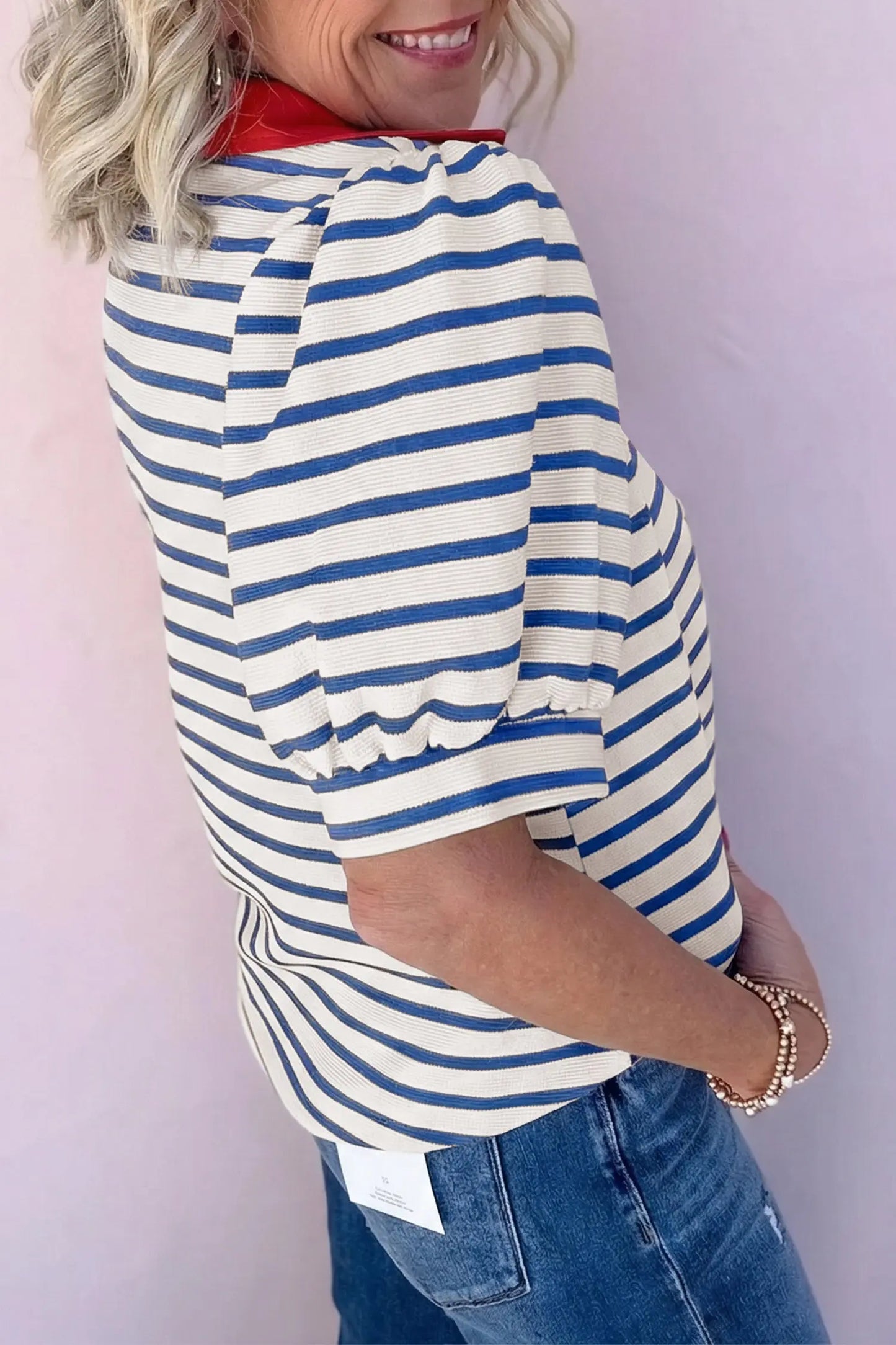 Blue Stripe Short Puff Sleeve Color Block Polo Collar Blouse Nataliz