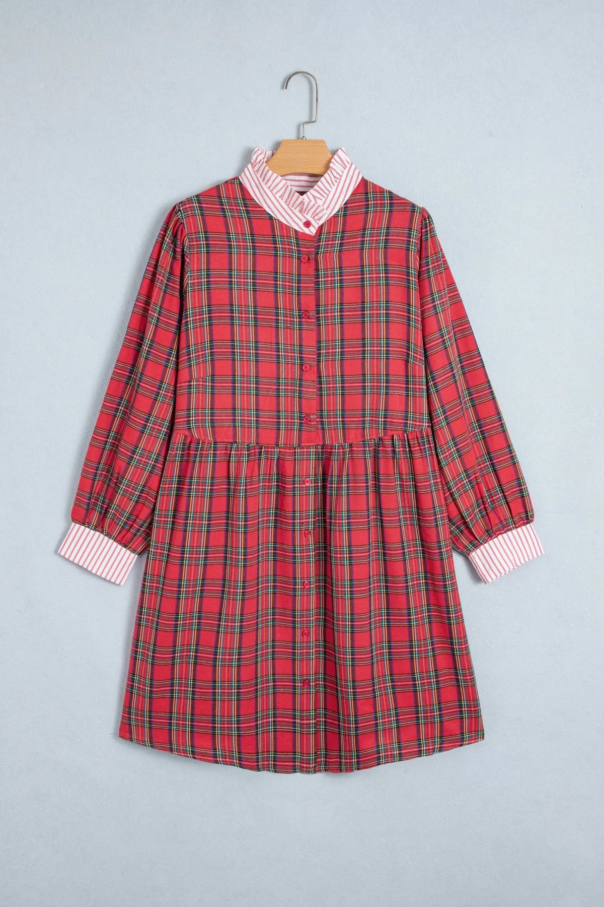 Red plaid v neck collar cuff shift dress hanging view · nz-alt-v1