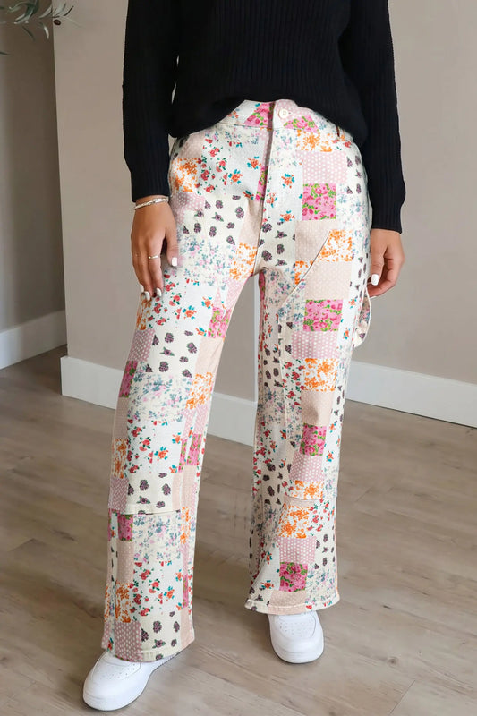Pink Floral Patchwork Wide Leg Full Length Jeans