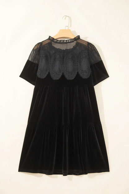 Black Embroidered Velvet Short Sleeve Mini Shift Dress