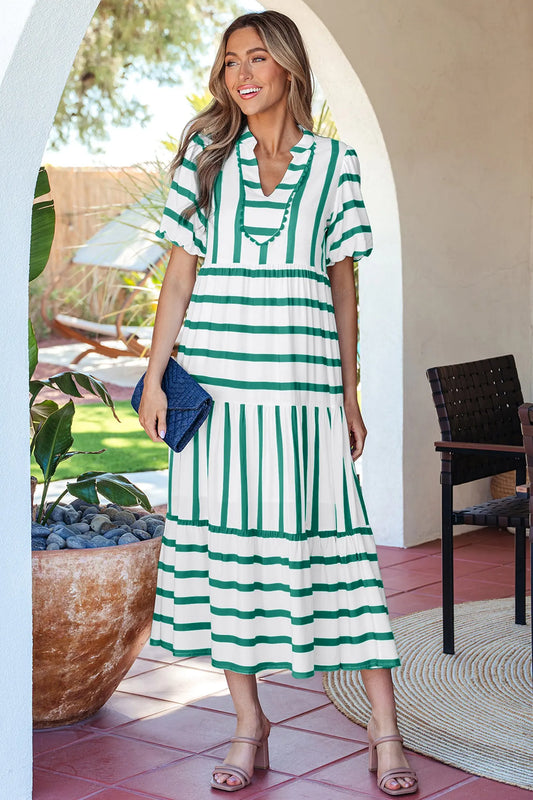 Green Stripe Ricrac Trim Notched Neck Half Sleeve Vacation Dress Nataliz