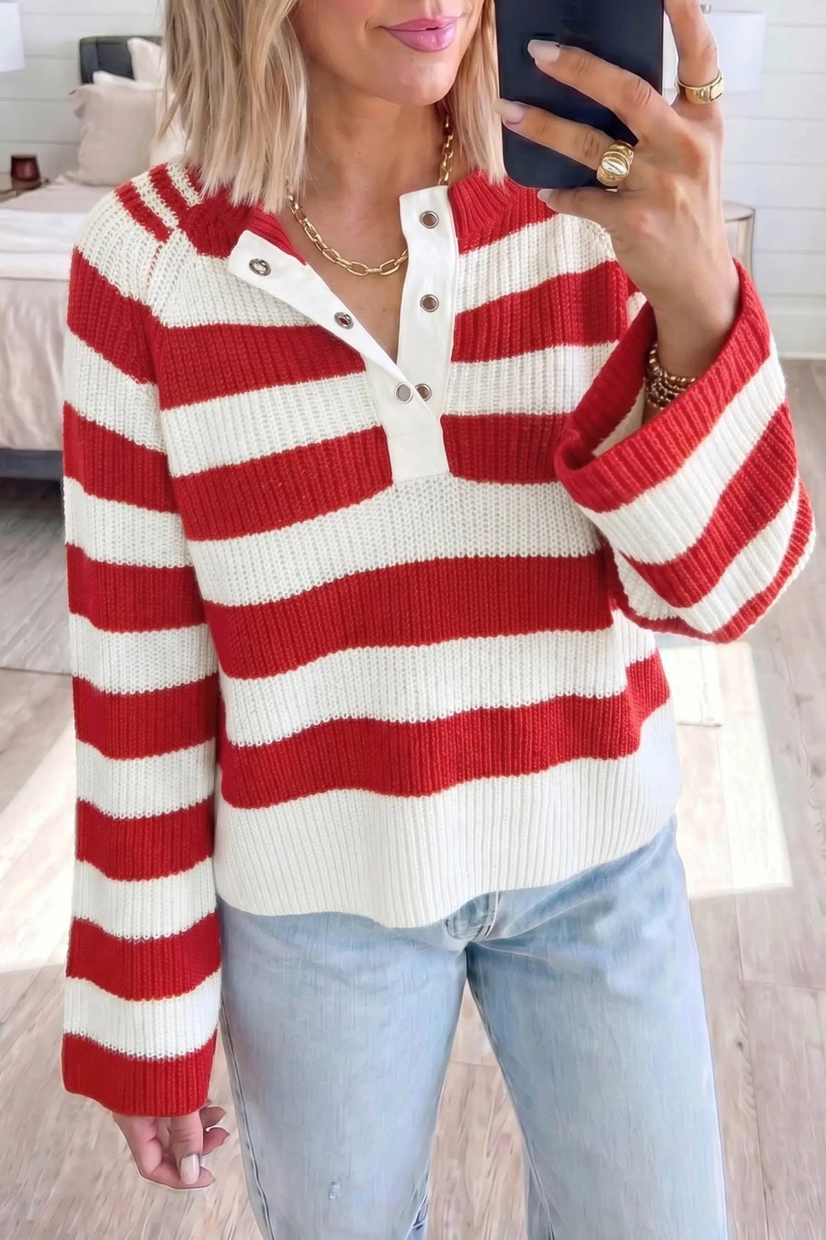 Red Stripe Striped Colorblock V Neck Long Sleeve Shift Sweater model front view · nz-alt-v1