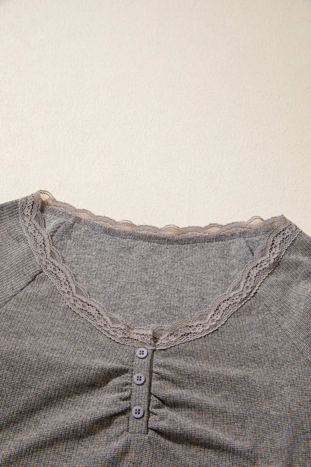 Medium Grey Ribbed Lace Trim V-Neck Button Detail Long Sleeve Top detail view · nz-alt-v1