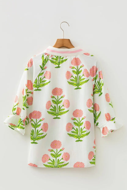 Sky Blue Casual Wild Flower Print V Neck 3/4 Sleeve Blouse Nataliz