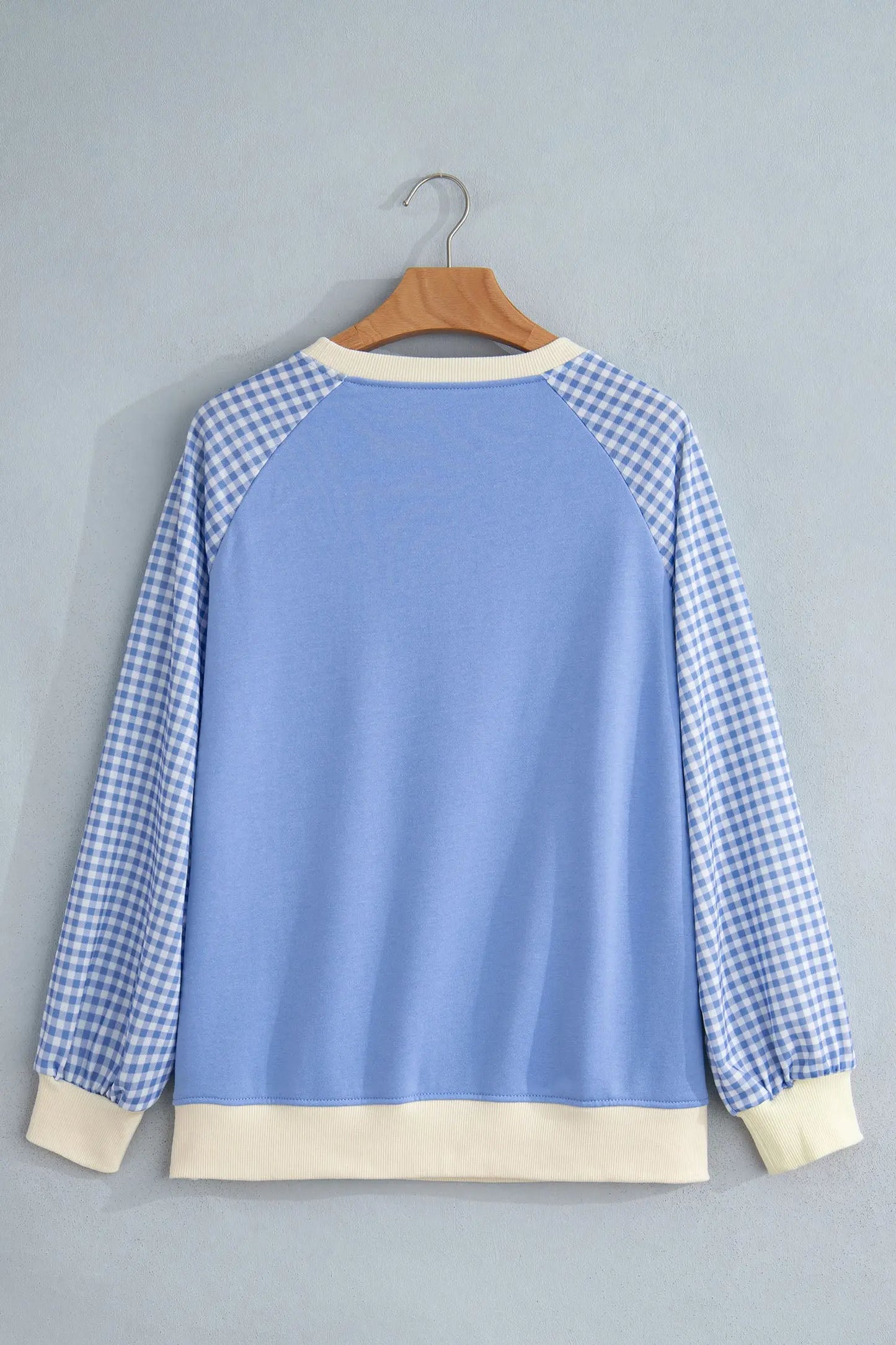 Beige Plaid Sleeve Colorblock Raglan Pullover Sweatshirt