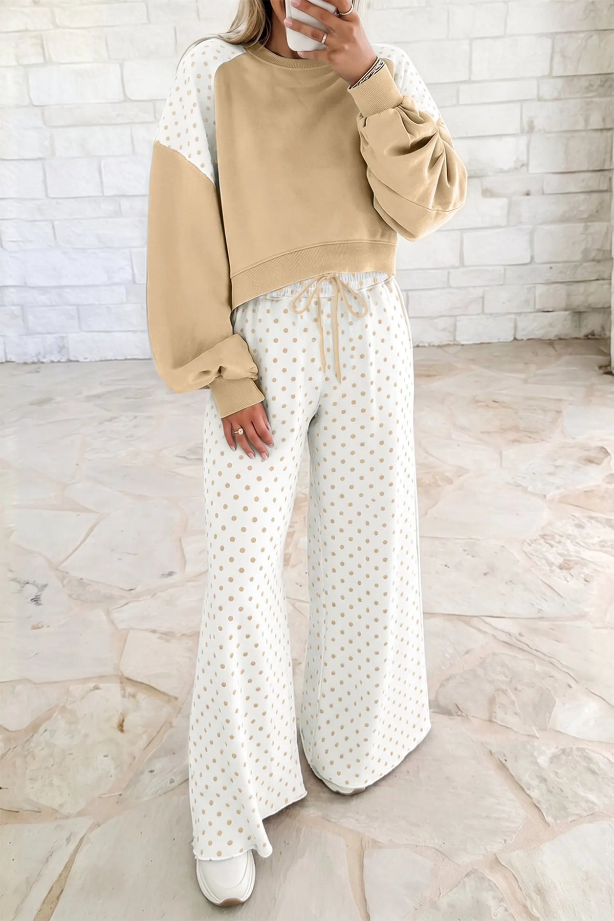 Pink Polka Dot Patchwork Colorblock Long Sleeve Casual Two Piece Pants Set