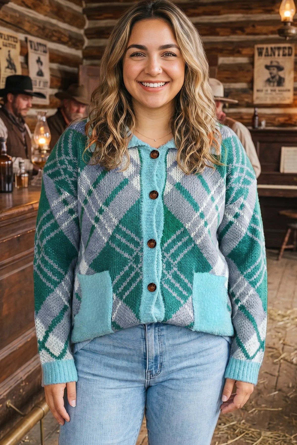 Green Plaid V Neck Long Sleeve Shift Cardigan Sweater model front view · nz-alt-v1