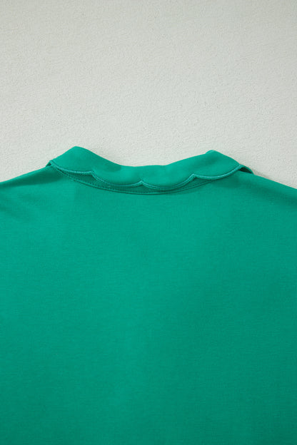 Sea Green Solid Color Snap Button Polo Collar Short Sleeve Scallop Hem Mini Dress