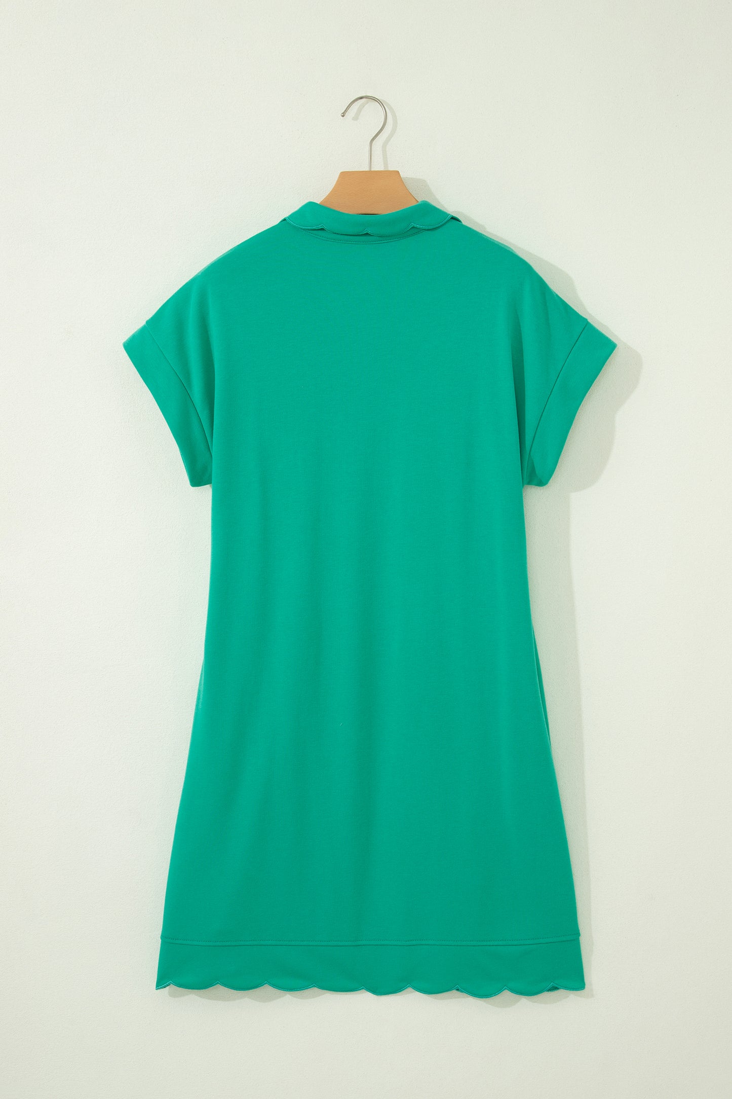 Sea Green Solid Color Snap Button Polo Collar Short Sleeve Scallop Hem Mini Dress