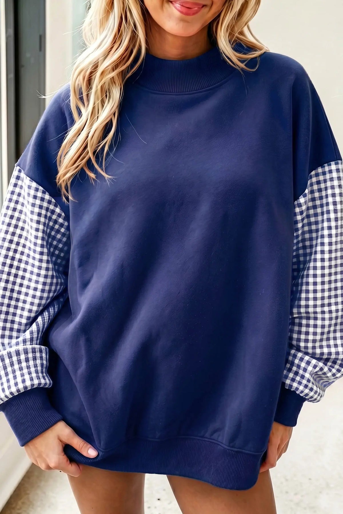 Navy Blue Plaid Sleeve Colorblock Loose Tunic Sweatshirt
