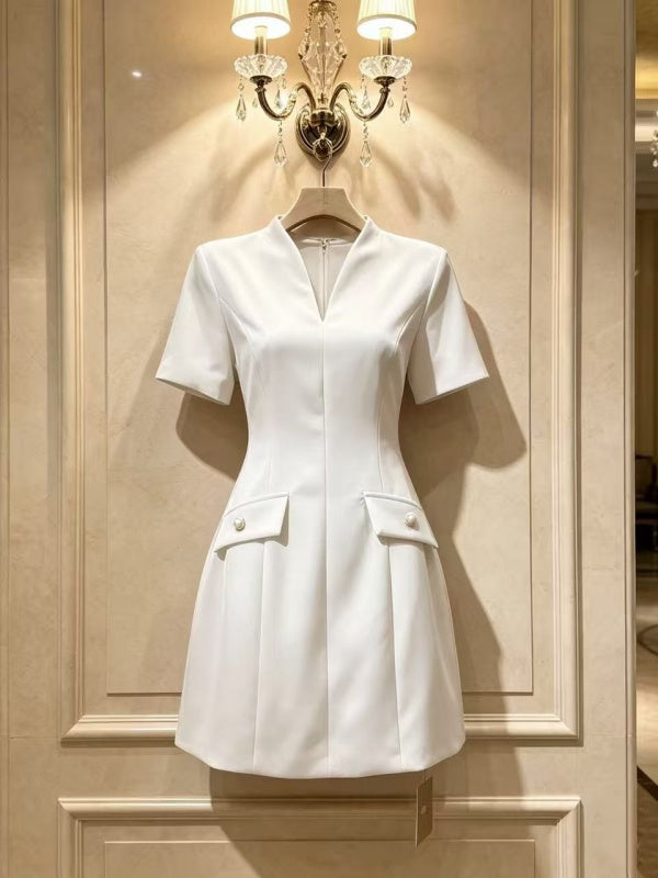 Split-Neck Tailored Mini Dress with Pocket Flaps hanging view · nz-alt-v1