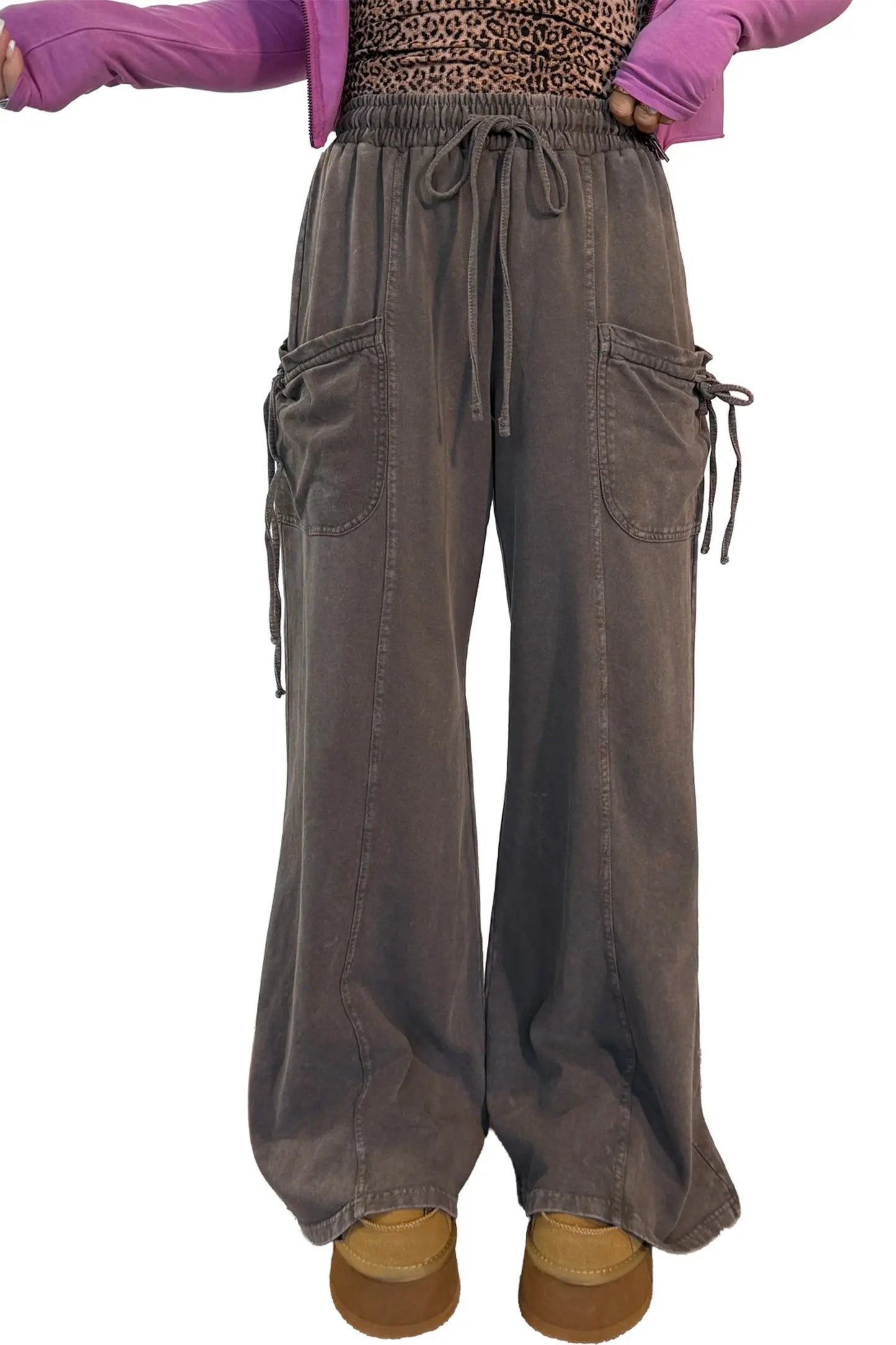 Dark Brown Cotton Mineral Wash Elastic Waist Drawstring Tie Detail Cargo Pants