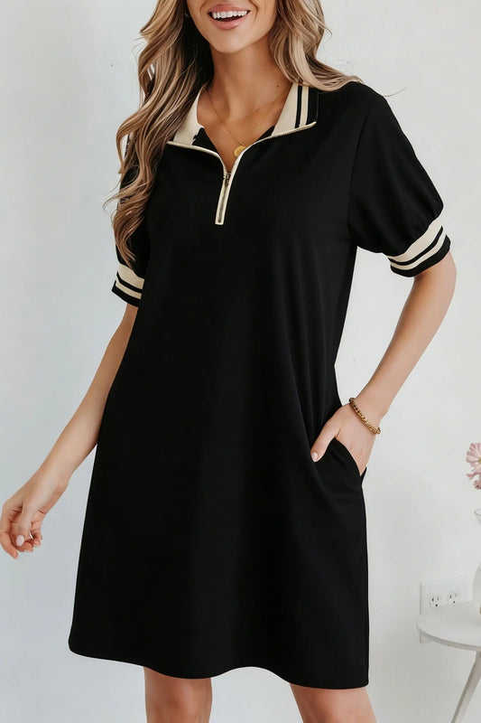 Black Striped Webbing Trim Preppy Polo Tee Dress Nataliz