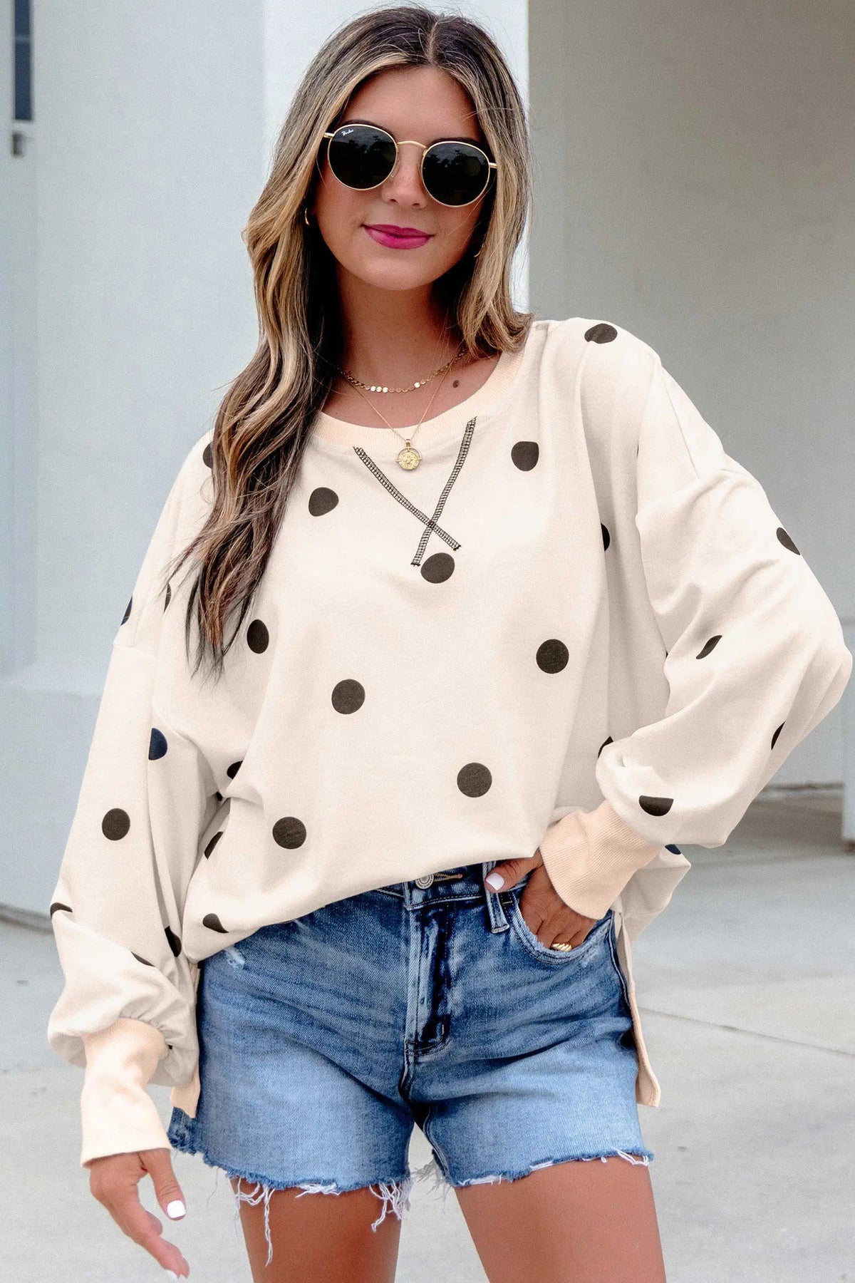 Pink Polka Dot Loose Long Sleeve Split Hem Pullover Top