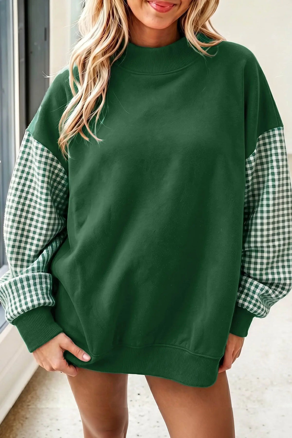 Navy Blue Plaid Sleeve Colorblock Loose Tunic Sweatshirt