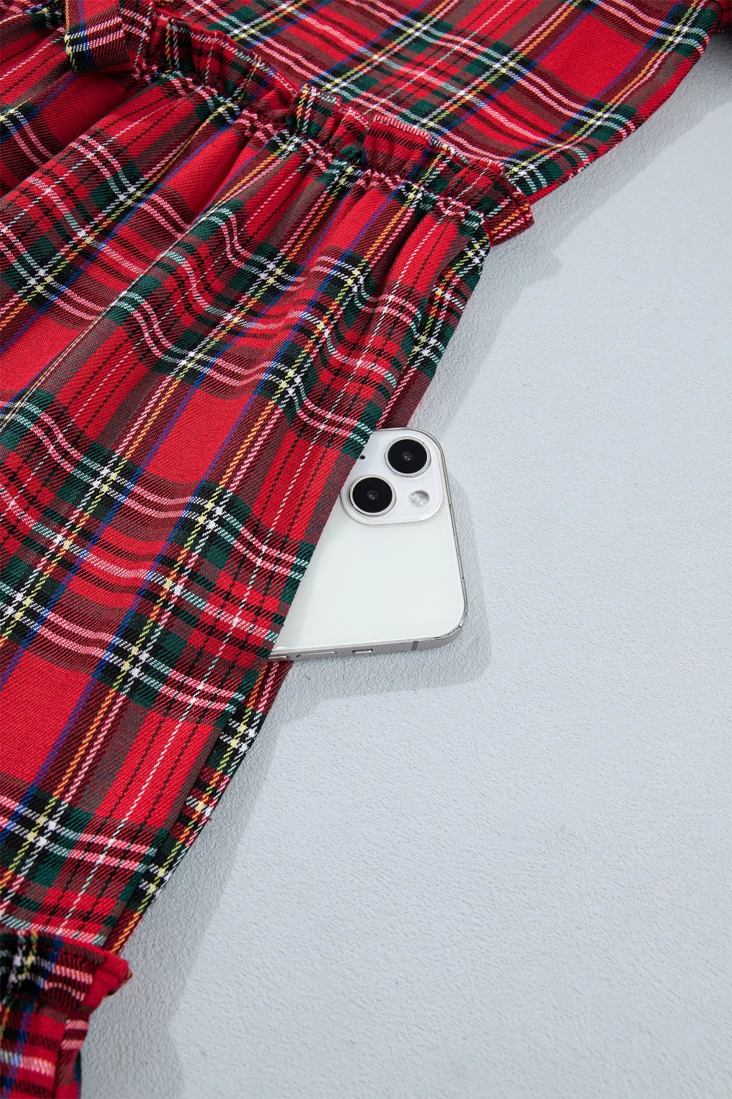 Red Plaid Knot Neck Short Sleeve Mini Shift Dress
