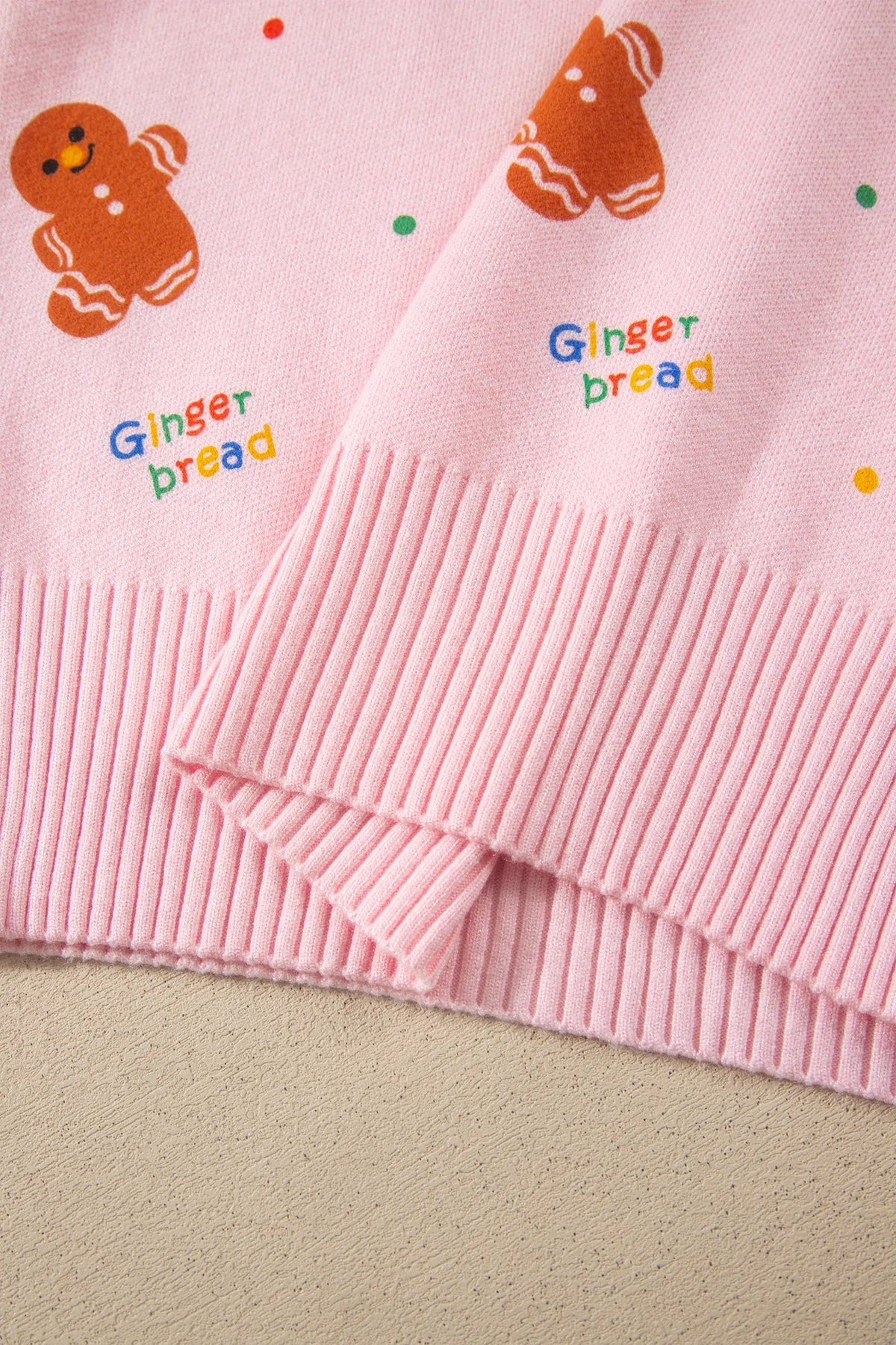 Pink Festive Gingerbread Pattern Long Sleeve Round Neck Sweater