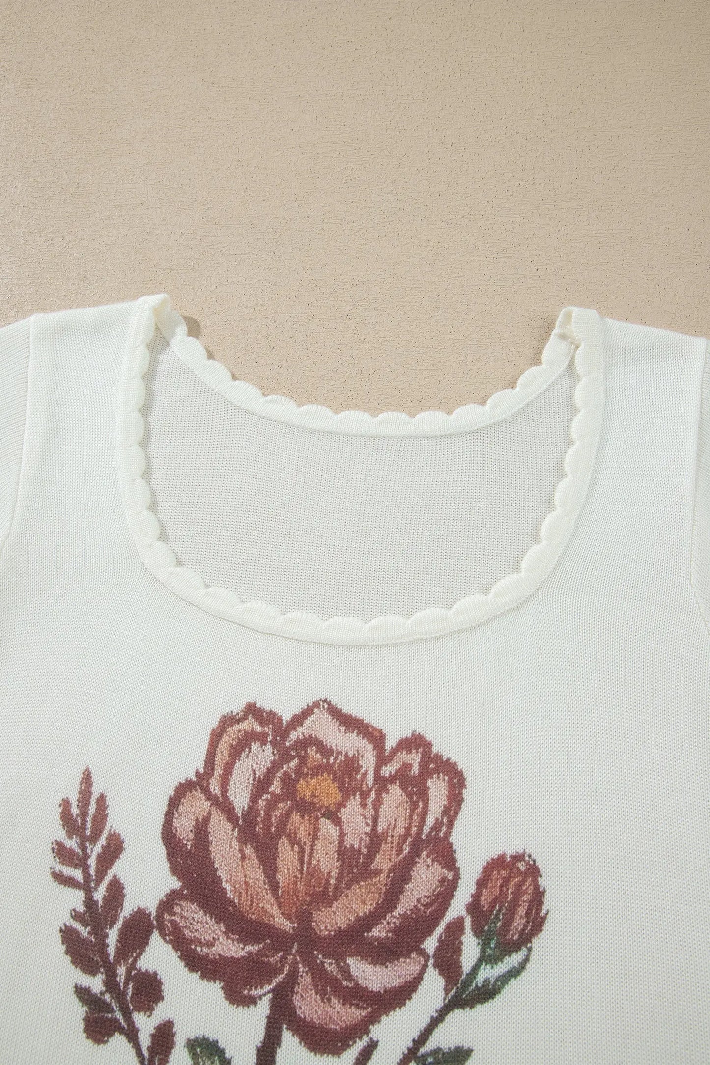 White Western Floral Print Short Sleeve Square Collar Knit Sweater