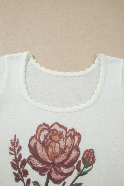 White Western Floral Print Short Sleeve Square Collar Knit Sweater