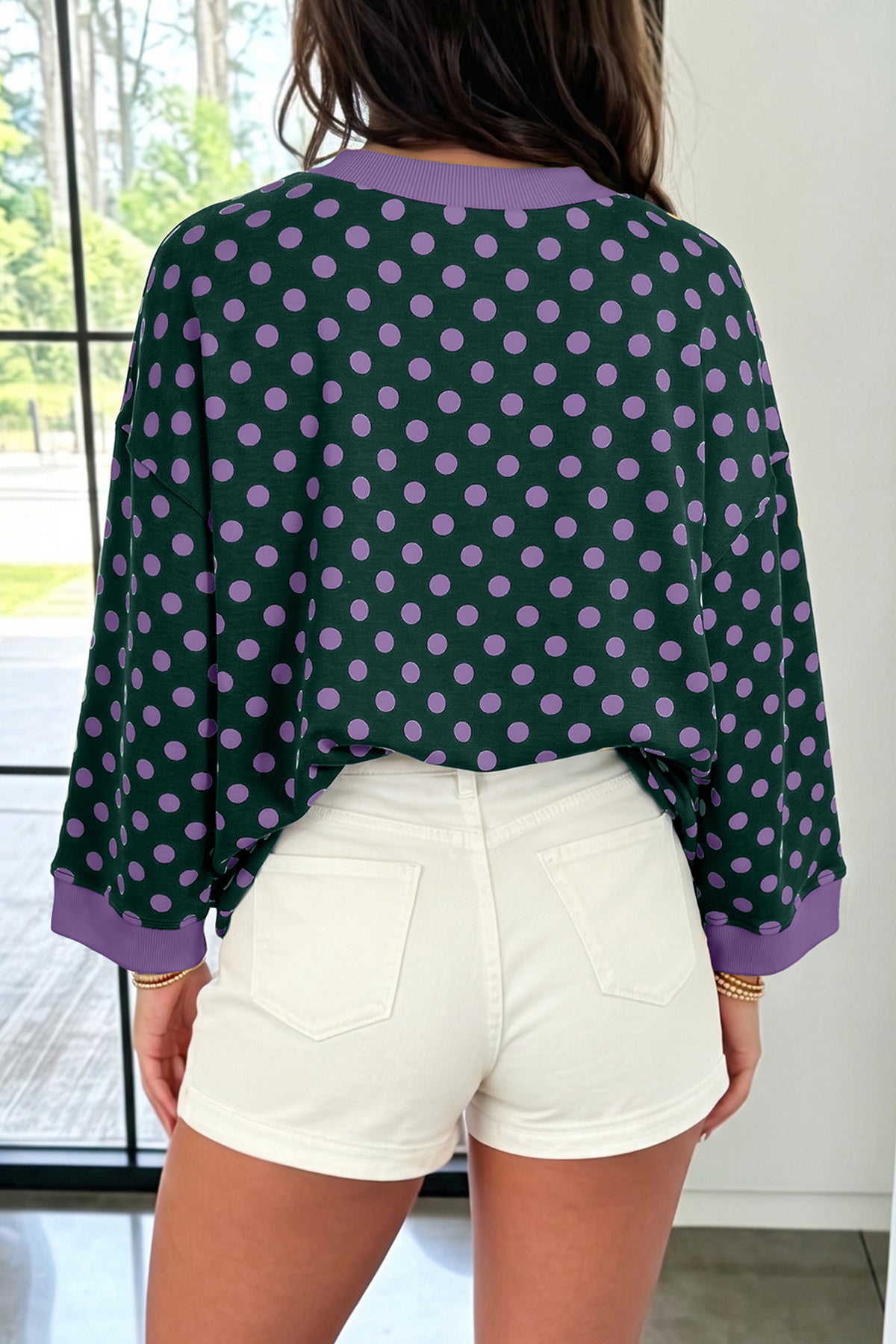 Polka Dot Print Contrast Trim Round Neck Bracelet Sleeve Top