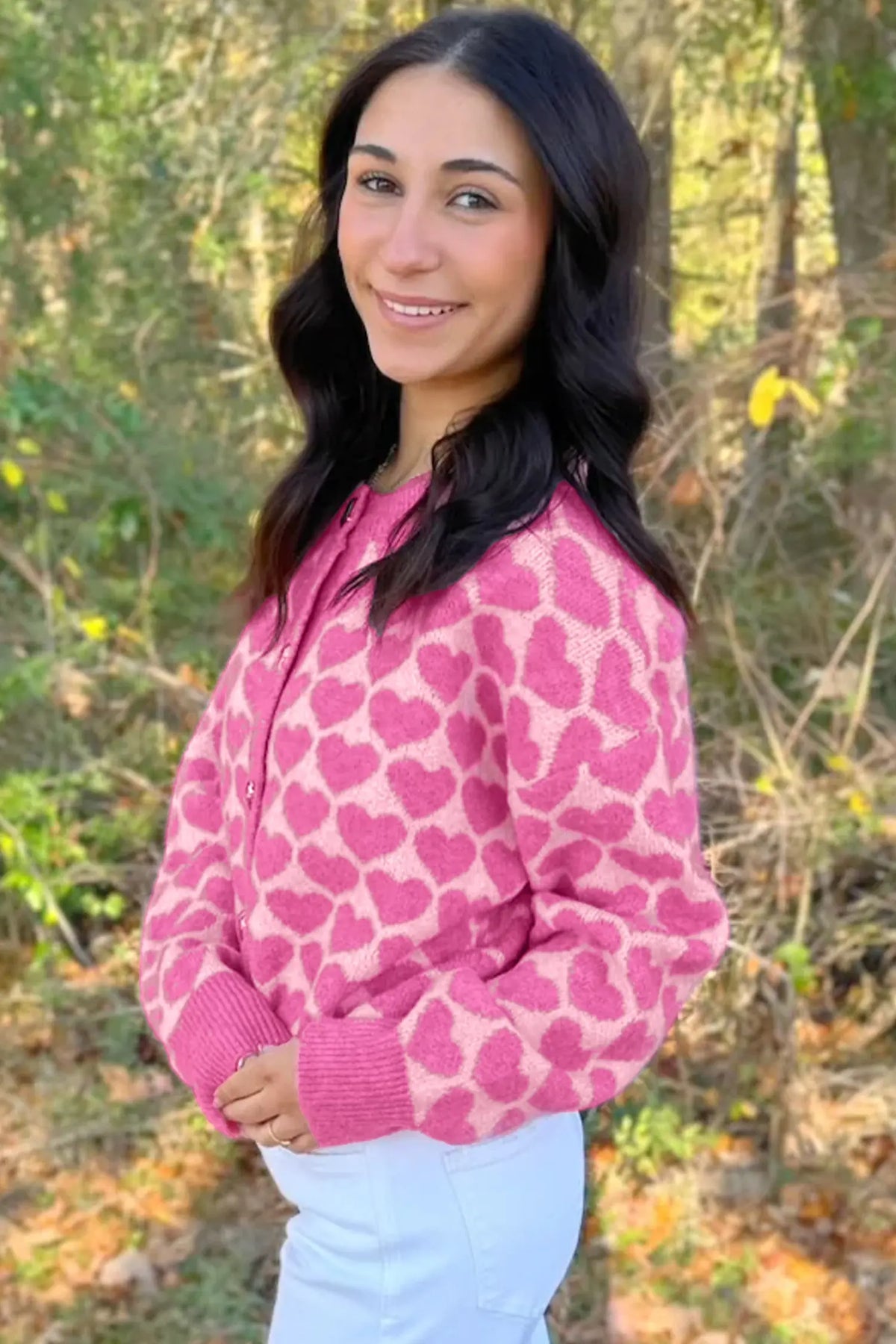 Heart Pattern Drop Shoulder Long Sleeve Button Front Cardigan