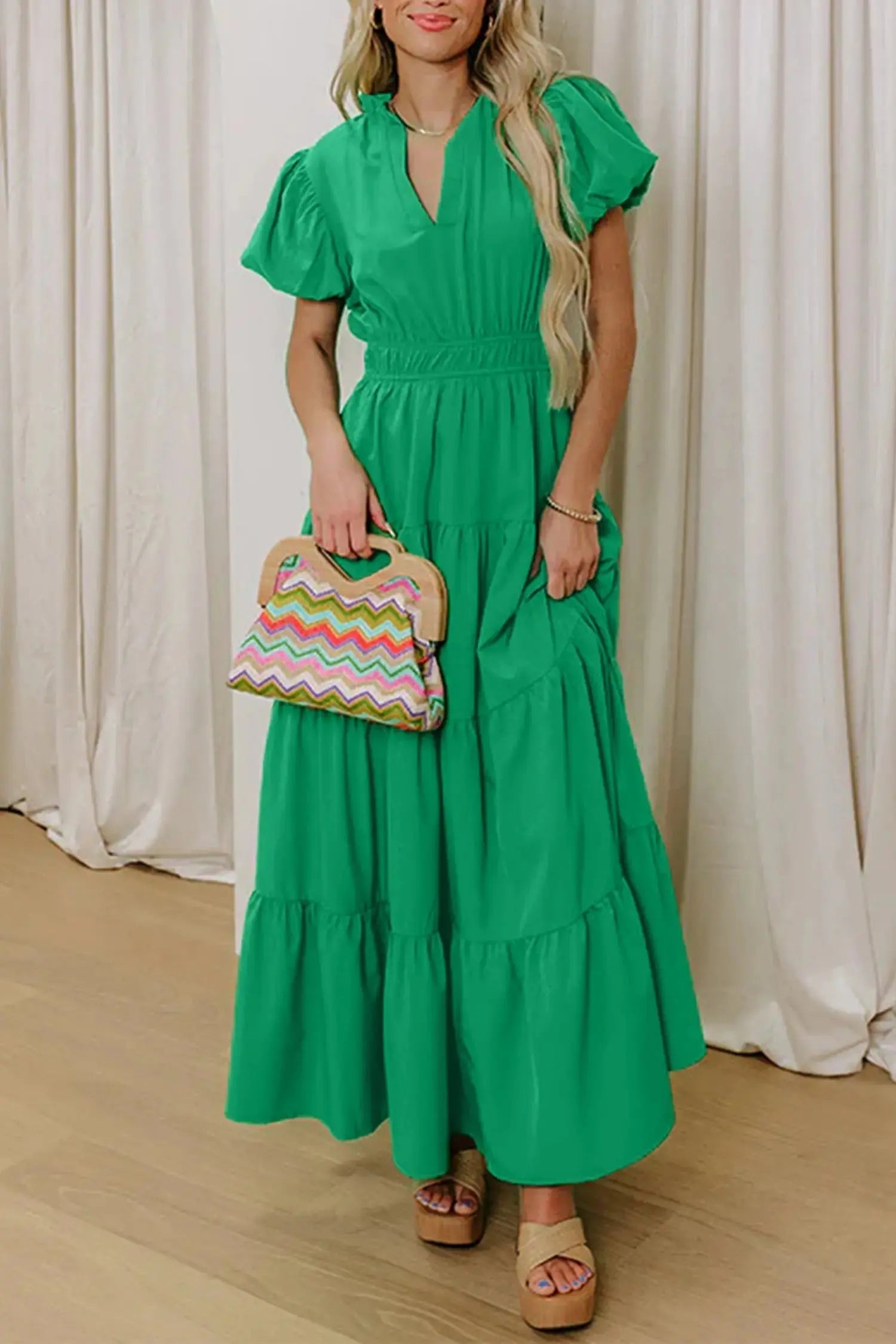 Bright Green Solid Color V Neck Short Puff Sleeve High Waist Tiered Maxi Dress - Casual Dresses