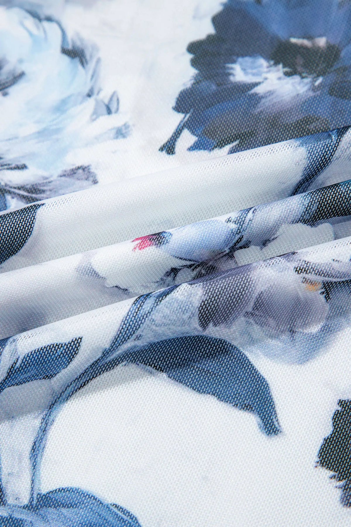 Sky Blue Floral Print Sheath Elegant Long Sleeve Dress floral fabric detail view · nz-alt-v1