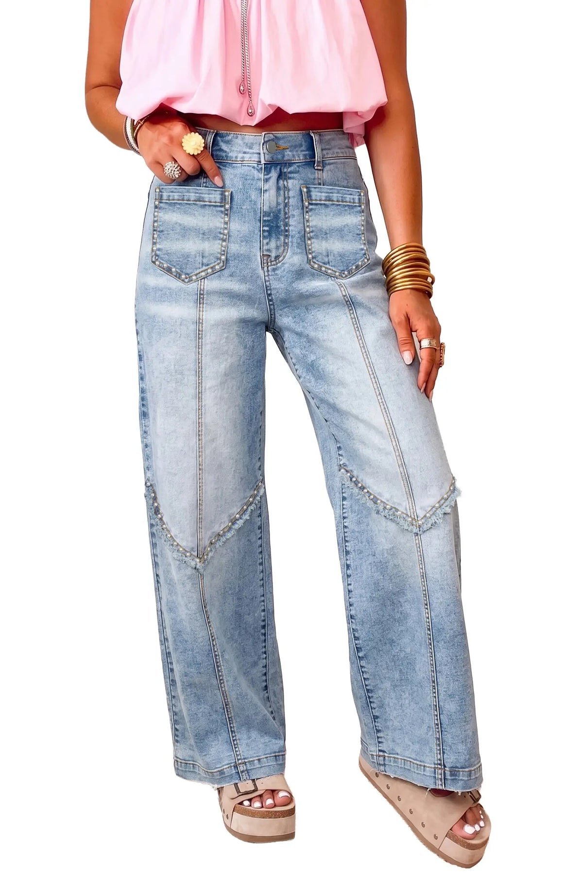 Beau Blue Frayed Studded Detail Wide Leg Pocketed Jeans model front view · nz-alt-v1