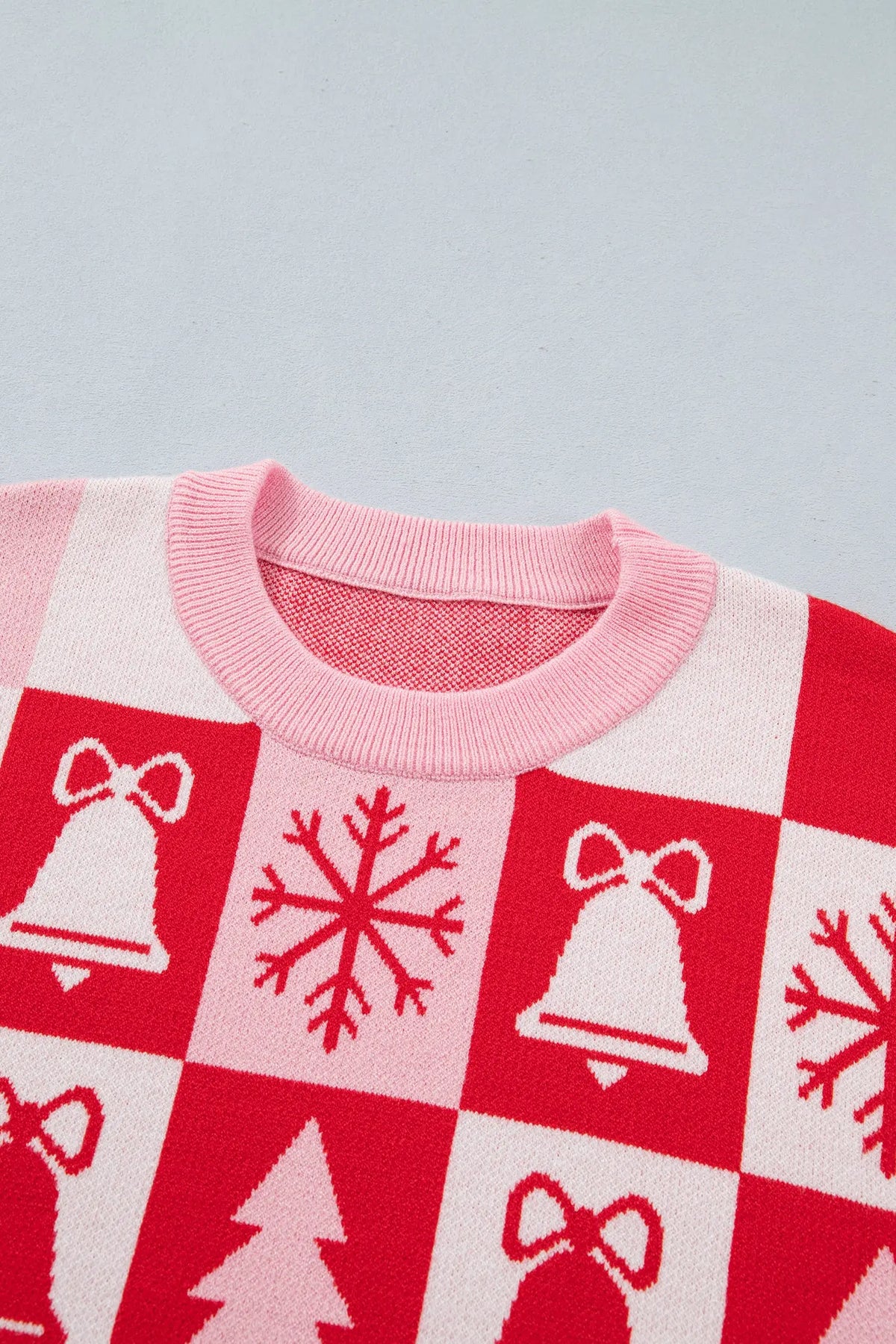 Pink Christmas Plaid Pullover Round Neck Long Sleeve Casual Fit Tunic Knitwear Sweater