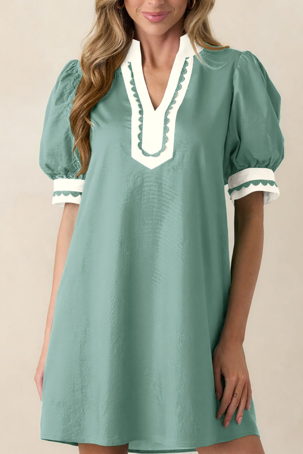 Canton Scallop Color Block Trim Puff Sleeve Mini Dress - Canton / S / 45% Cotton + 42% Viscose + 13% Polyamide - Casual