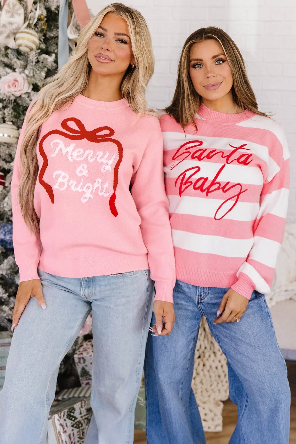 Pink stripe Santa Baby embroidered Christmas pullover sweater model front view · nz-alt-v1