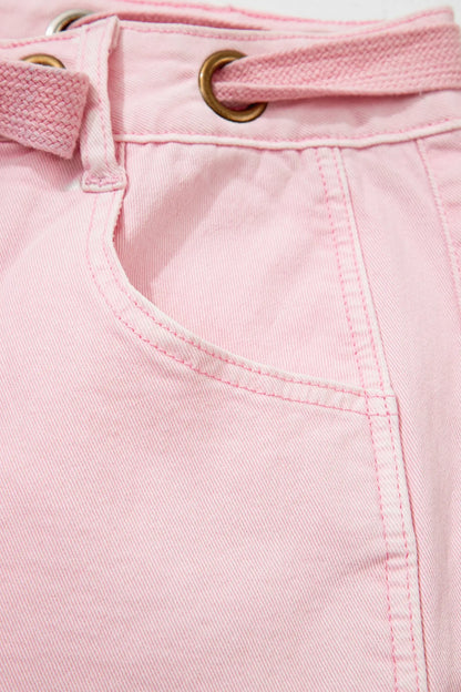 Yellow Solid Color Grommet Detail Knot Waist Barrel Jeans