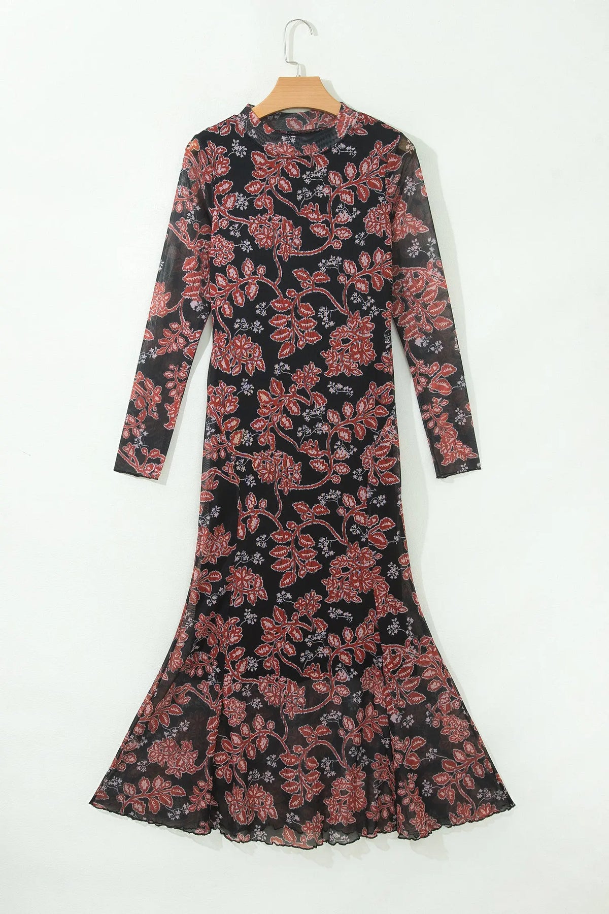 Black Retro Floral Print Long Sleeve Casual Mesh Dress hanging view · nz-alt-v1