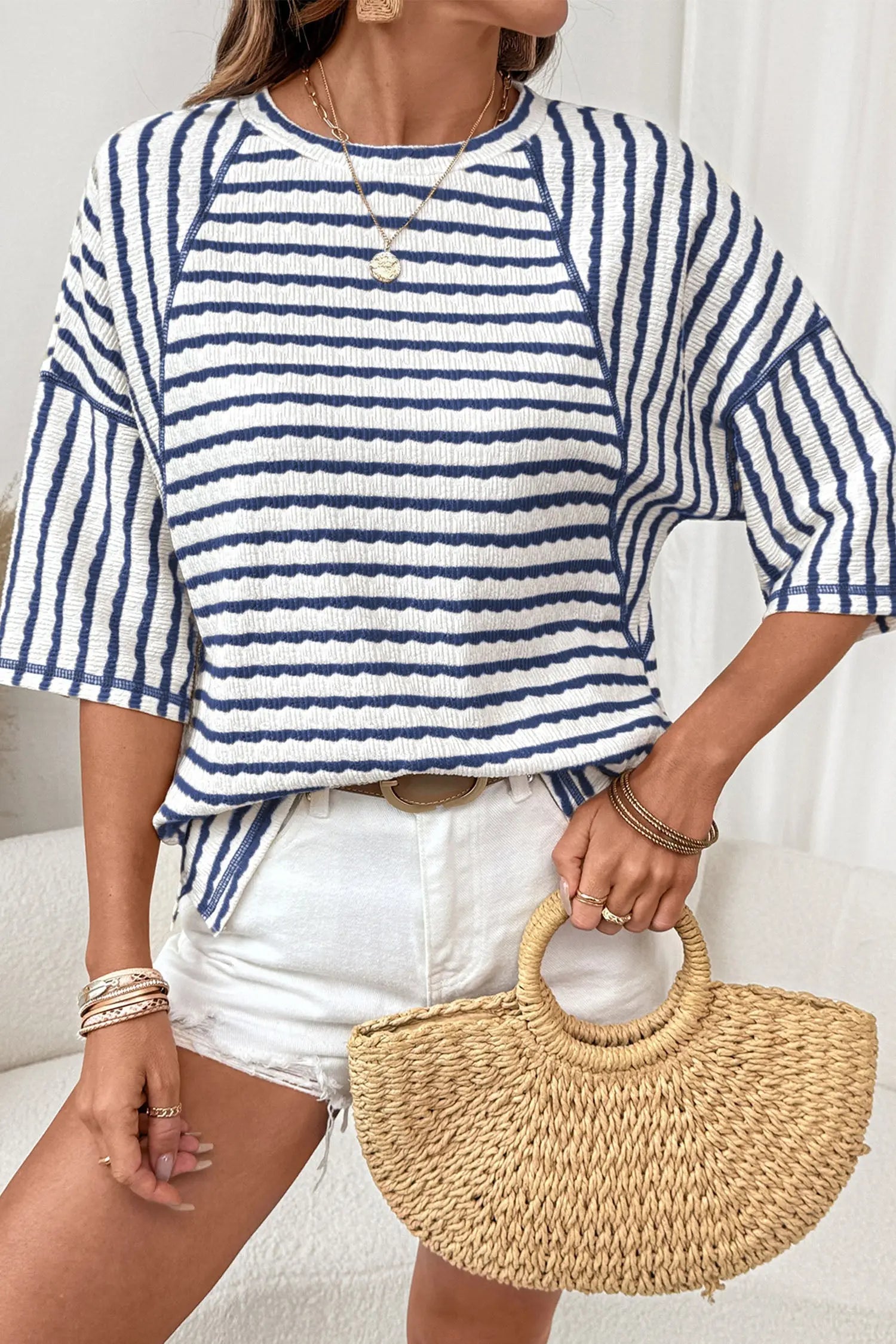 Brown Stripe Textured Knit Split Hem Half Sleeve Loose Top Nataliz